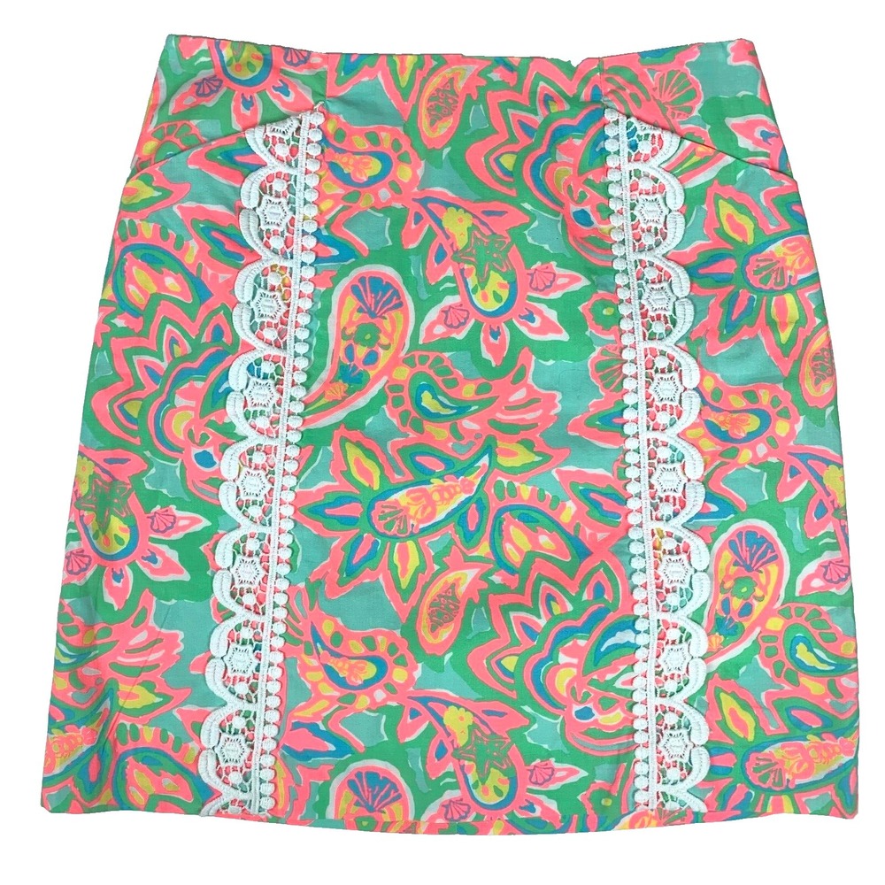 Lilly Pulitzer Corrie Skirt Make a Splash Starfish Shells Lace Paisley Neon sz 0
